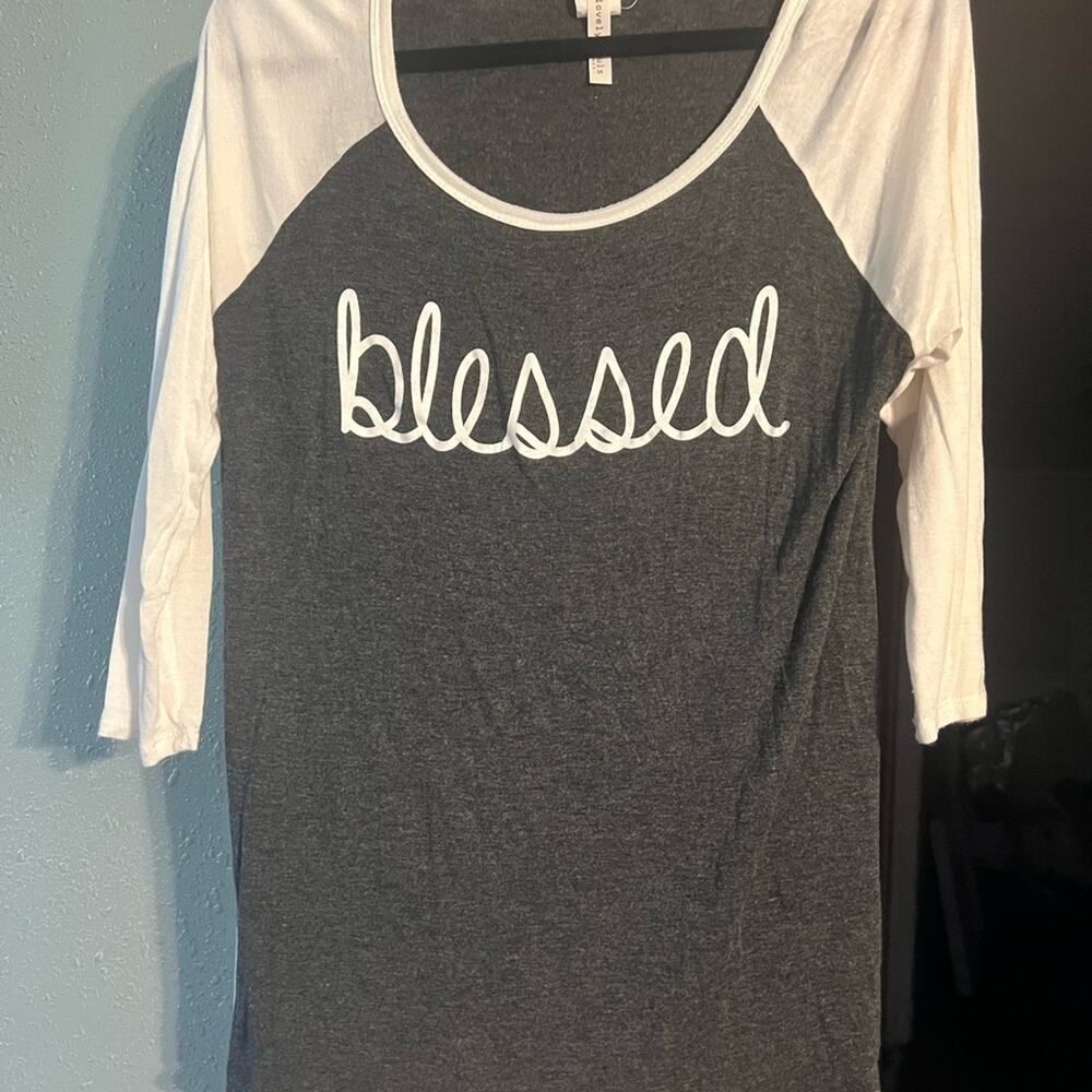 Lovely Souls Made In USA Women's Gray Shirt White 3/4 Sleeves Blessed Large